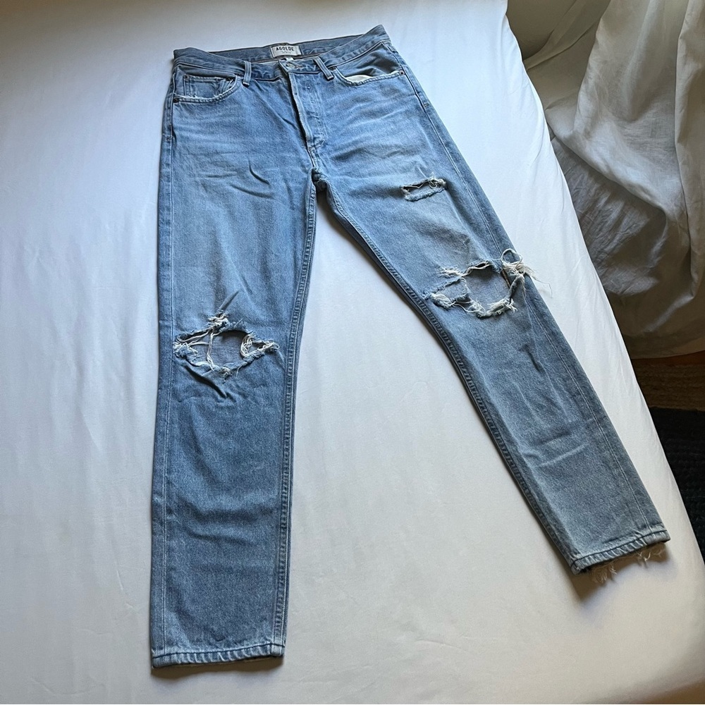 AGOLDE blue‎ distressed organic cotton slim leg cropped jeans